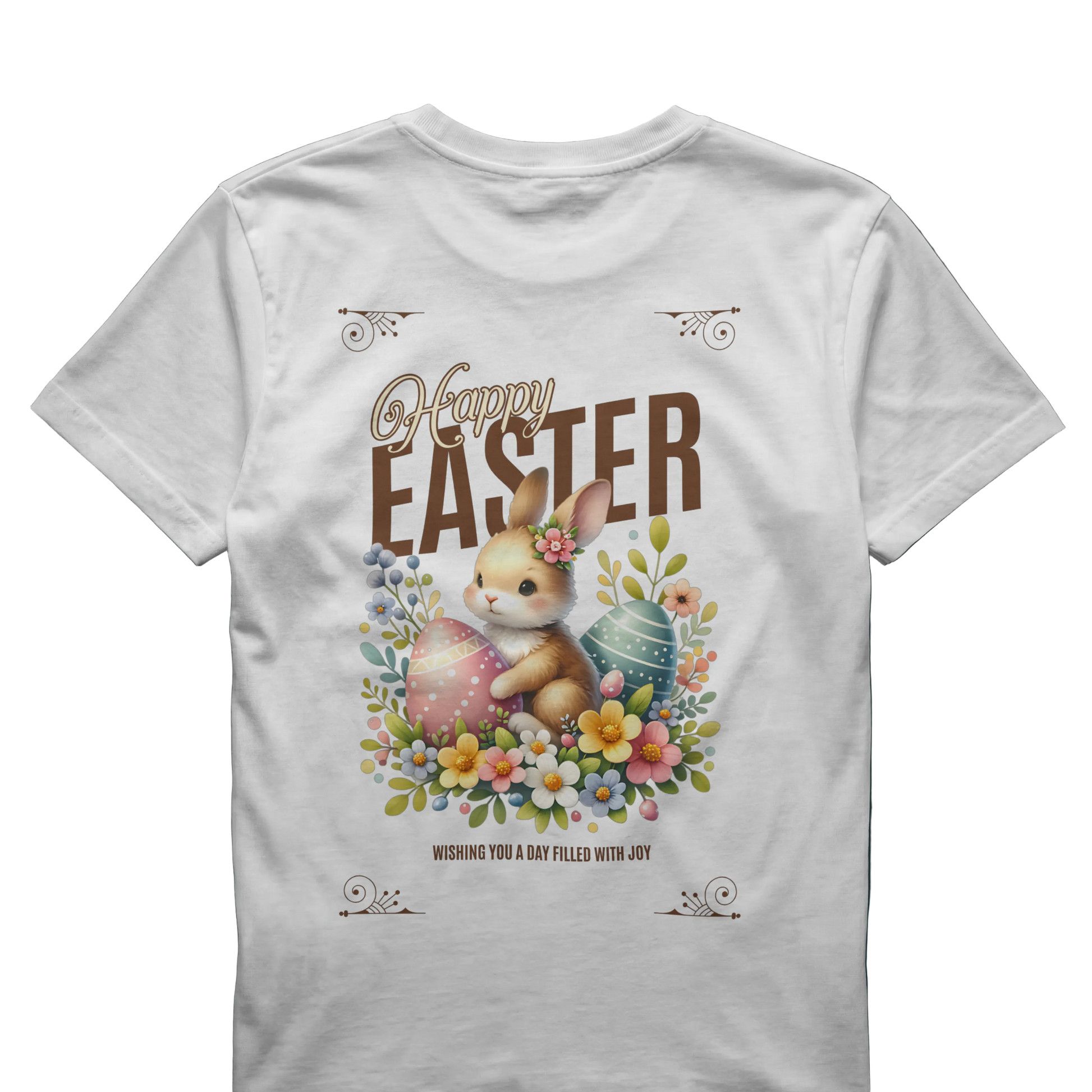 White t-shirt with Easter design featuring a bunny, eggs, and flowers on a gray background