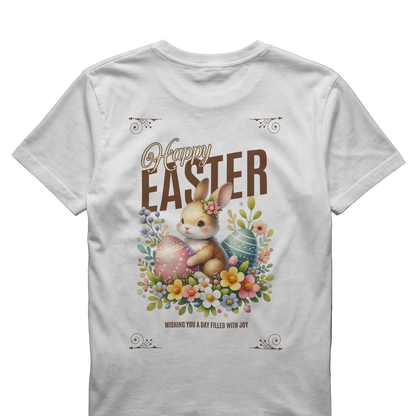White t-shirt with Easter design featuring a bunny, eggs, and flowers on a gray background